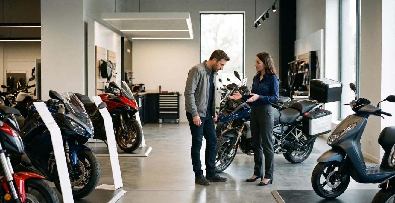 Conseiller commercial et client discutant entre plusieurs motos et scooters dans le showroom d'une concession française