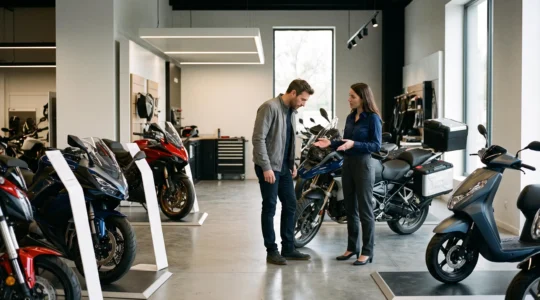 Conseiller commercial et client discutant entre plusieurs motos et scooters dans le showroom d'une concession française