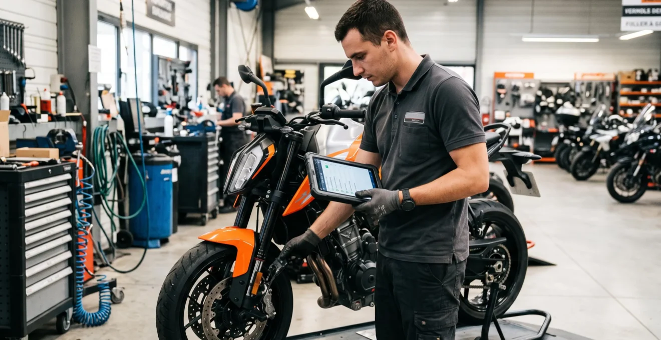 Professionnel d'un concessionnaire moto effectuant l'inspection de réception d'un deux-roues récent dans l'atelier