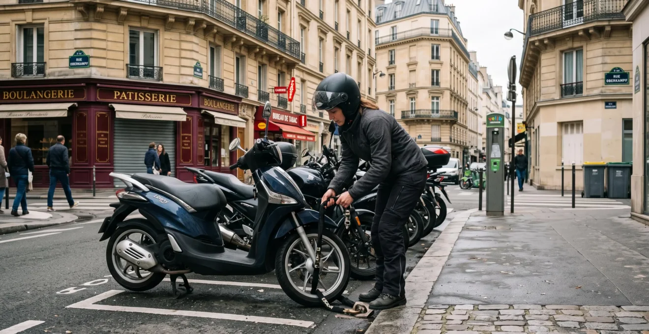 Motard stationnant son deux-roues sur un emplacement de stationnement dans une rue urbaine française