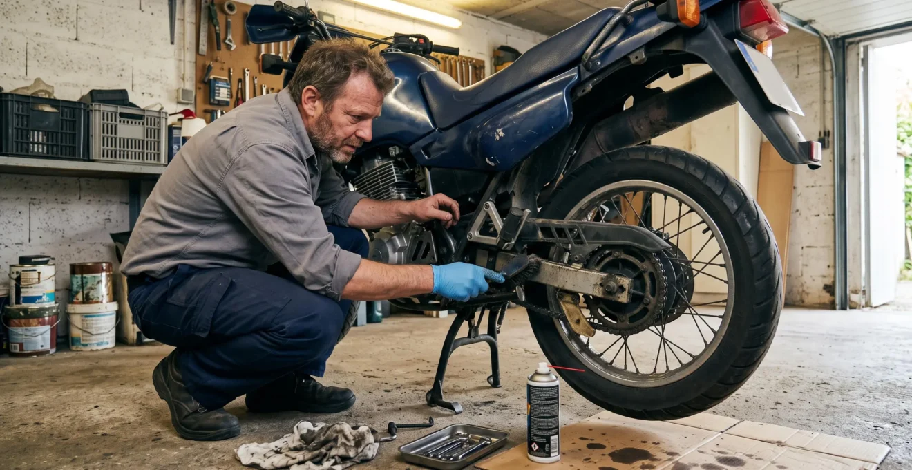 Propriétaire effectuant l'entretien de la chaîne de sa moto personnelle dans son garage privé