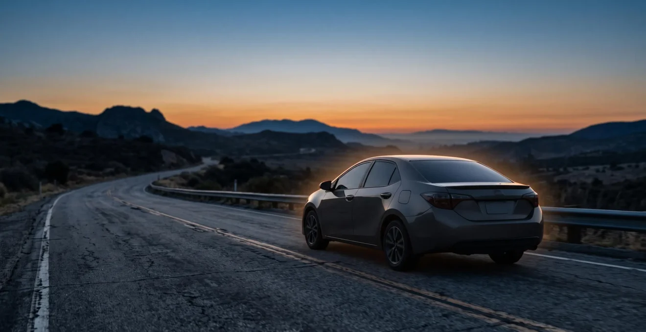 Voiture isolée sur une route au crépuscule, symbolisant la protection de l'assurance responsabilité civile automobile