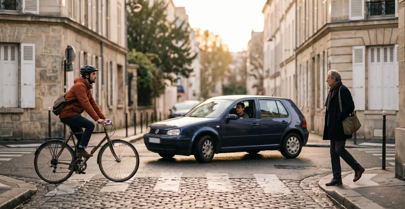 Carrefour urbain français au crépuscule où une voiture, un cycliste et un piéton se croisent, illustrant les règles de priorité du Code de la route