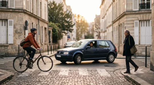 Carrefour urbain français au crépuscule où une voiture, un cycliste et un piéton se croisent, illustrant les règles de priorité du Code de la route