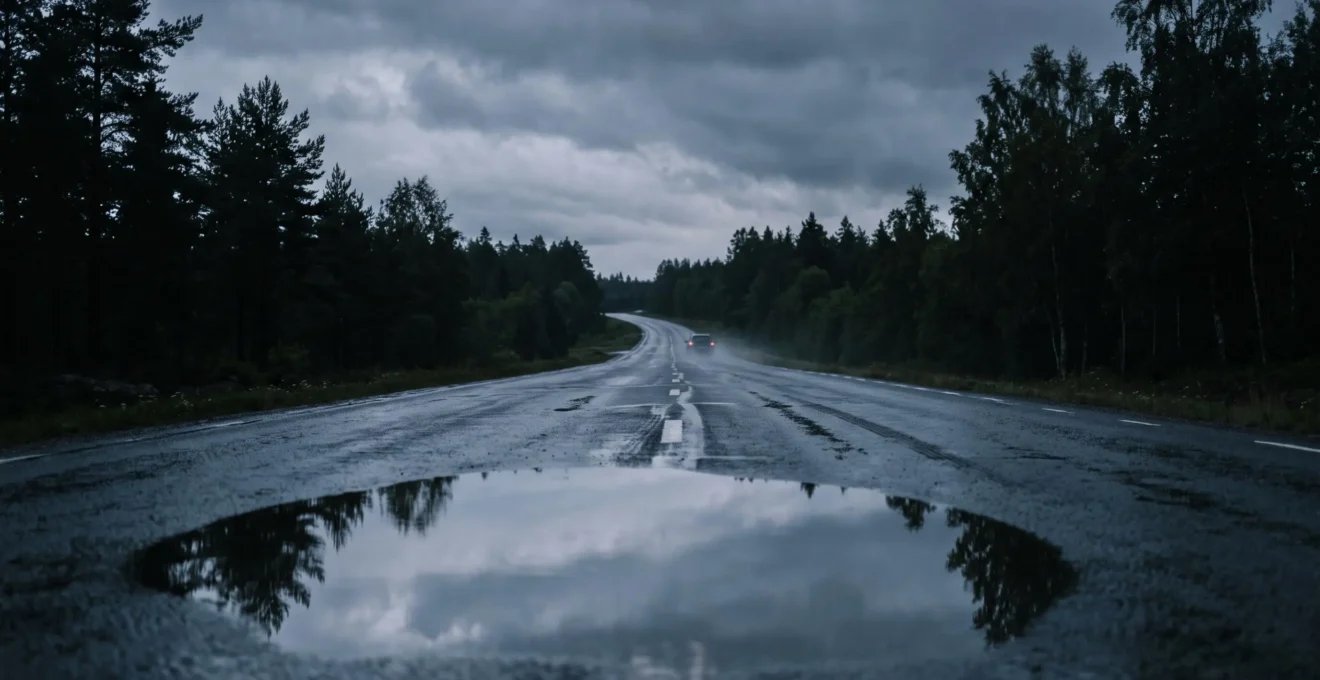 Route mouillée au crépuscule avec un reflet du ciel dans une flaque annonçant un danger de glisse imminent