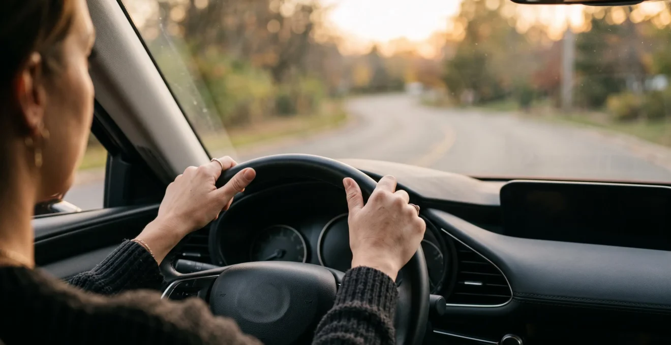 Conducteur au volant d'une berline moderne appliquant une conduite souple et anticipée pour réduire sa consommation de carburant