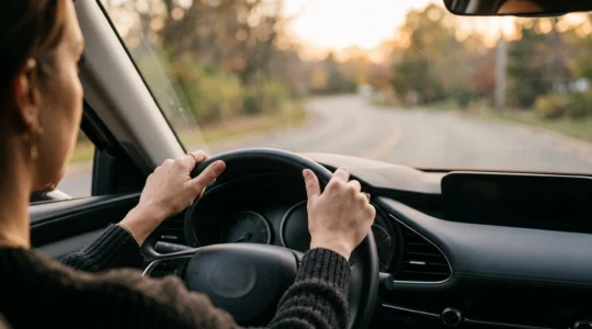 Conducteur au volant d'une berline moderne appliquant une conduite souple et anticipée pour réduire sa consommation de carburant