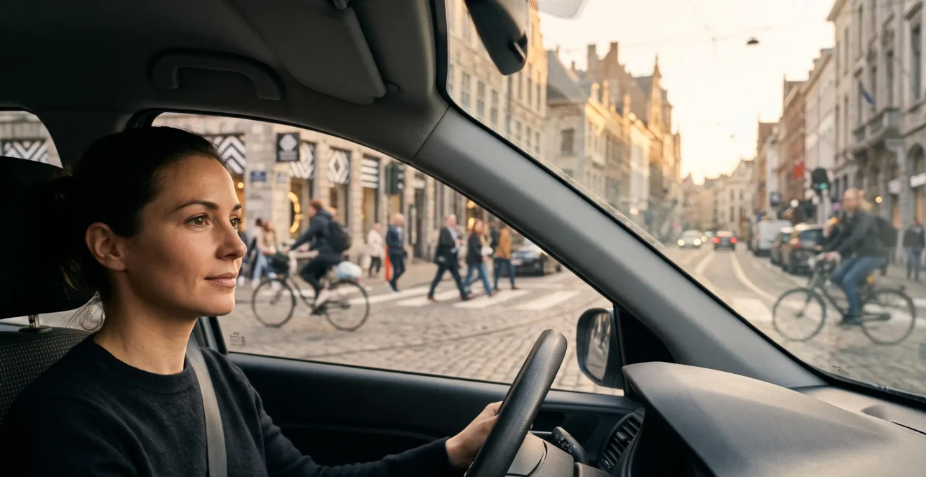 Conducteur concentré au volant dans une rue de centre-ville dense, entouré de piétons et de vélos, symbolisant une conduite urbaine attentive et sereine