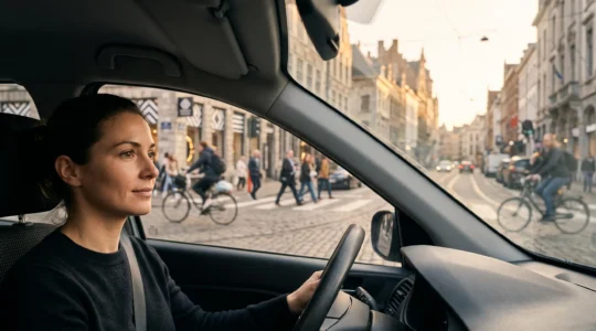 Conducteur concentré au volant dans une rue de centre-ville dense, entouré de piétons et de vélos, symbolisant une conduite urbaine attentive et sereine