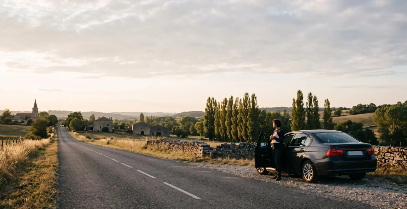 Conducteur debout a cote de sa voiture sur le bord d'une route de campagne au coucher du soleil, illustrant les obligations legales du conducteur en France