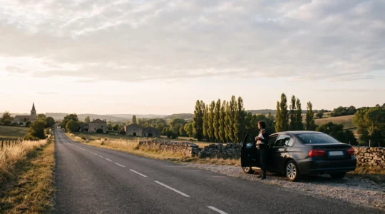 Conducteur debout a cote de sa voiture sur le bord d'une route de campagne au coucher du soleil, illustrant les obligations legales du conducteur en France