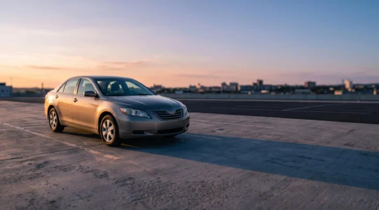 Une voiture familiale stationnée au crépuscule dans un espace vide, symbolisant les coûts invisibles qui s'accumulent sur cinq ans
