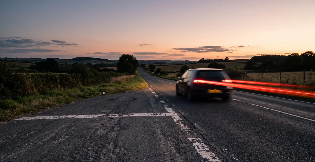Route de campagne au crépuscule symbolisant le dépassement d'un forfait kilométrique en location de voiture