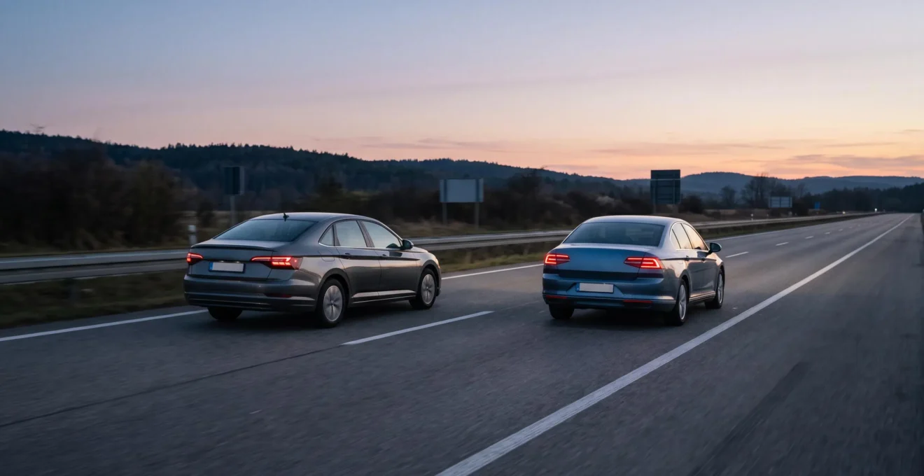 Voiture roulant sur une route a 90 km/h en respectant une distance de securite visible avec le vehicule qui la precede