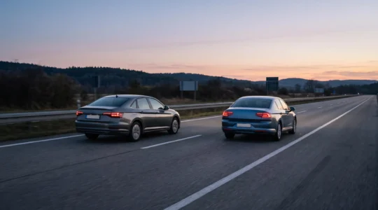 Voiture roulant sur une route a 90 km/h en respectant une distance de securite visible avec le vehicule qui la precede