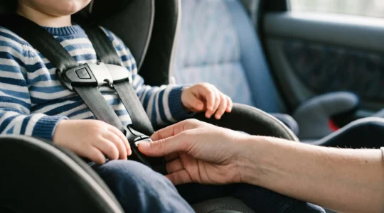 Photographie symbolique illustrant la force d'un choc automobile sur un enfant non attaché en voiture