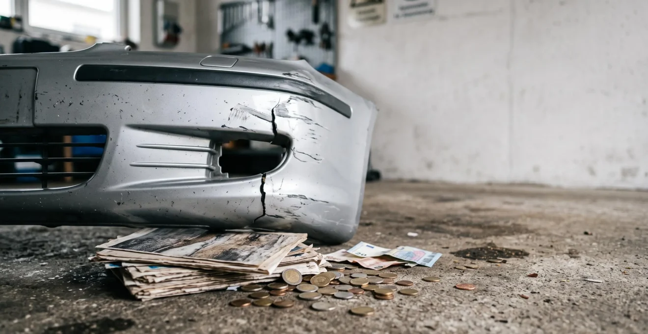 Voiture accidentée avec une facture de réparation symbolique et des pièces détachées, illustrant le poids financier d'un accident responsable