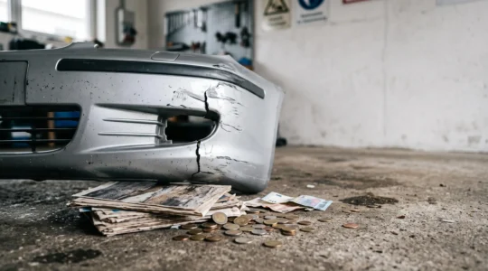 Voiture accidentée avec une facture de réparation symbolique et des pièces détachées, illustrant le poids financier d'un accident responsable