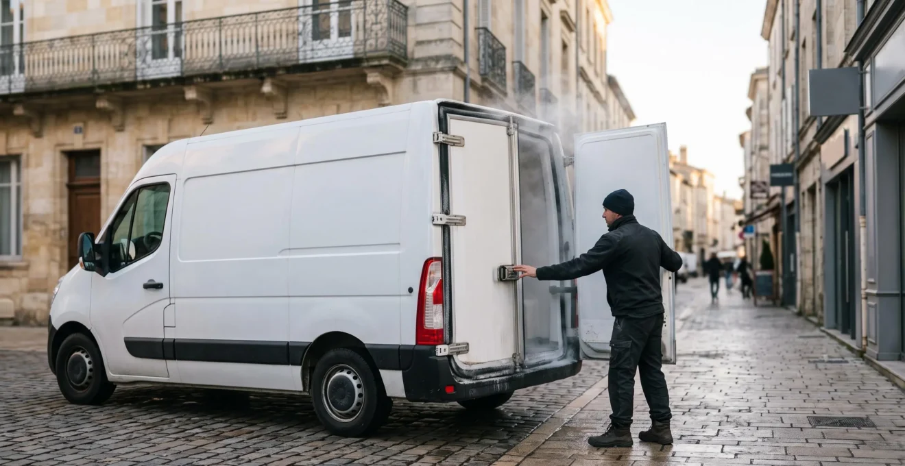 Fourgon frigorifique garé devant un commerce alimentaire français au petit matin, illustrant le respect des normes de température lors du transport de denrées.