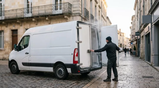 Fourgon frigorifique garé devant un commerce alimentaire français au petit matin, illustrant le respect des normes de température lors du transport de denrées.