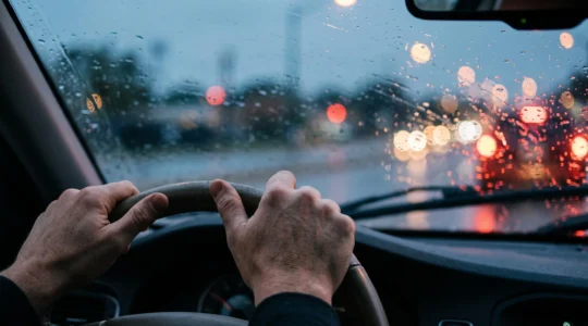 Vue rapprochée d'un conducteur tendu au volant sous la pluie, symbolisant les instants critiques où le risque d'accident augmente fortement