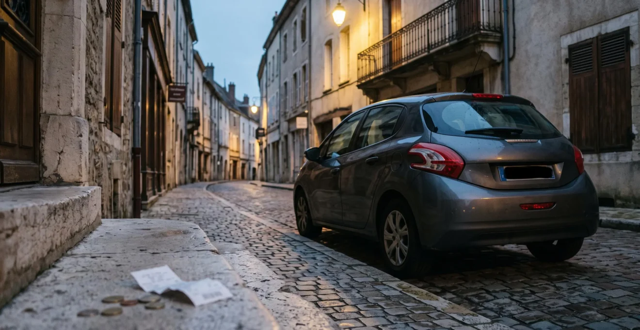 Voiture familiale stationnée dans une rue résidentielle française au crépuscule, symbolisant les multiples postes cachés du budget automobile