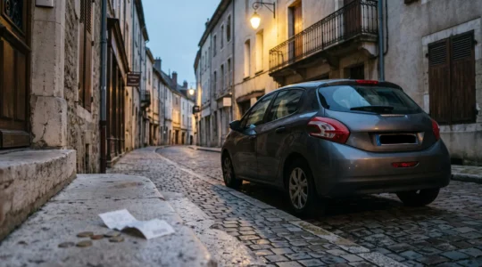 Voiture familiale stationnée dans une rue résidentielle française au crépuscule, symbolisant les multiples postes cachés du budget automobile