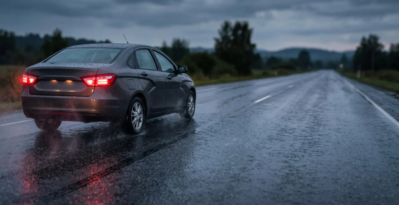 Voiture freinant en urgence sur chaussée mouillée illustrant l'allongement dangereux de la distance de freinage
