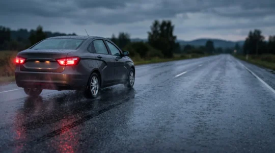 Voiture freinant en urgence sur chaussée mouillée illustrant l'allongement dangereux de la distance de freinage