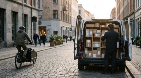 Livreur organisant efficacement ses colis dans un véhicule utilitaire compact en pleine rue urbaine dense