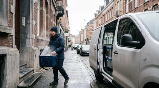 Livreur vérifiant un contenant isotherme ouvert sur le pas d'une porte en zone urbaine, lumière du matin