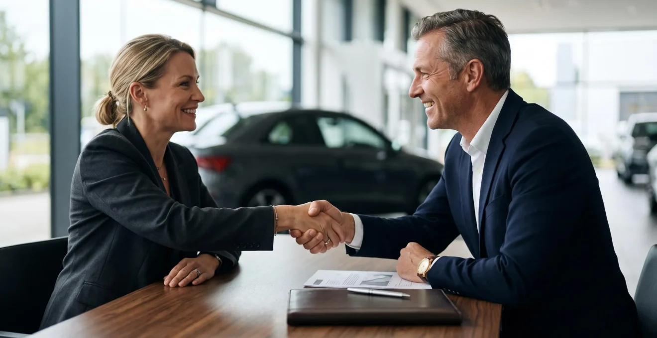 Poignée de main entre un client et un conseiller financier lors de la négociation d'un taux de crédit auto en concession