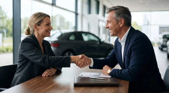 Poignée de main entre un client et un conseiller financier lors de la négociation d'un taux de crédit auto en concession