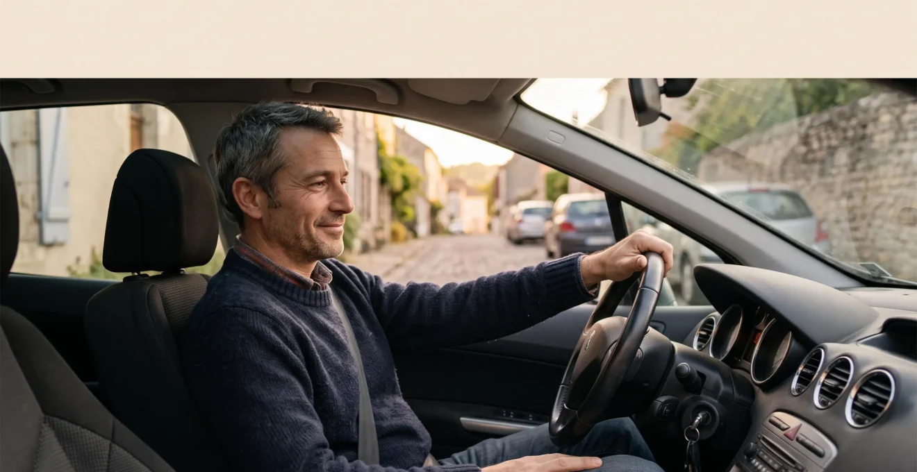 Automobiliste souriant et détendu au volant de sa voiture actuelle, symbole d'économies budgétaires réalisées sans achat d'un nouveau véhicule