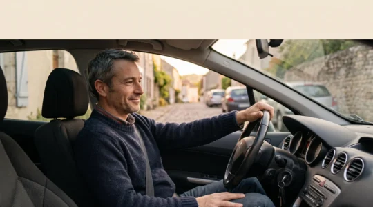 Automobiliste souriant et détendu au volant de sa voiture actuelle, symbole d'économies budgétaires réalisées sans achat d'un nouveau véhicule