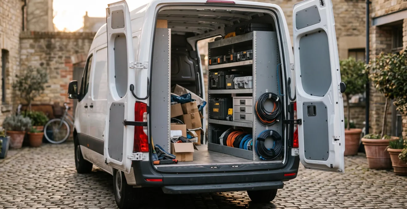Interieur d'un fourgon utilitaire reamenage avec des rangements modulaires optimisant chaque centimetre disponible