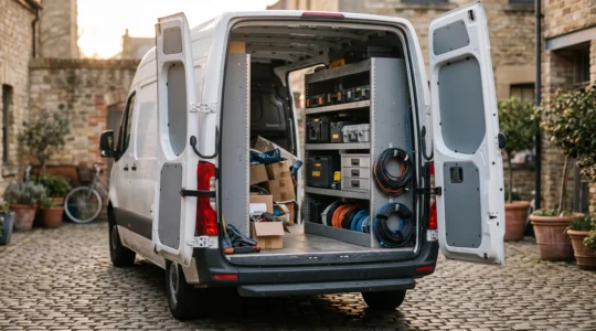 Interieur d'un fourgon utilitaire reamenage avec des rangements modulaires optimisant chaque centimetre disponible