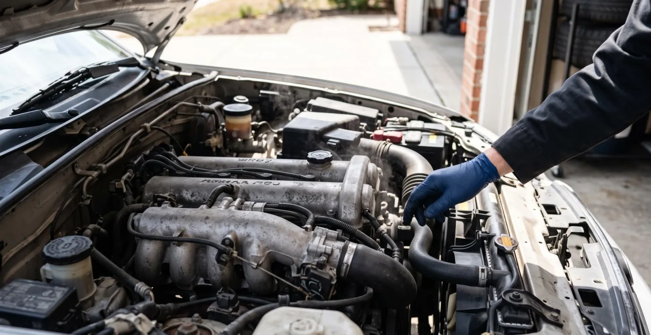 Compartiment moteur d'une voiture fumant légèrement sous une forte chaleur estivale, symbolisant le risque de surchauffe