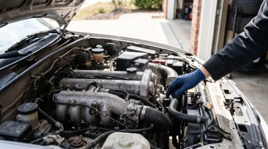 Compartiment moteur d'une voiture fumant légèrement sous une forte chaleur estivale, symbolisant le risque de surchauffe
