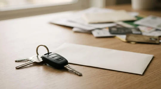 Photographie éditoriale illustrant la simplicité d'un unique paiement automobile mensuel remplaçant plusieurs factures séparées