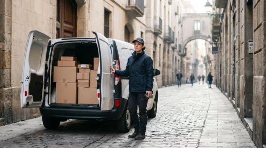 Fourgon utilitaire compact circulant dans une rue étroite européenne, illustrant l'équilibre entre charge utile et maniabilité urbaine