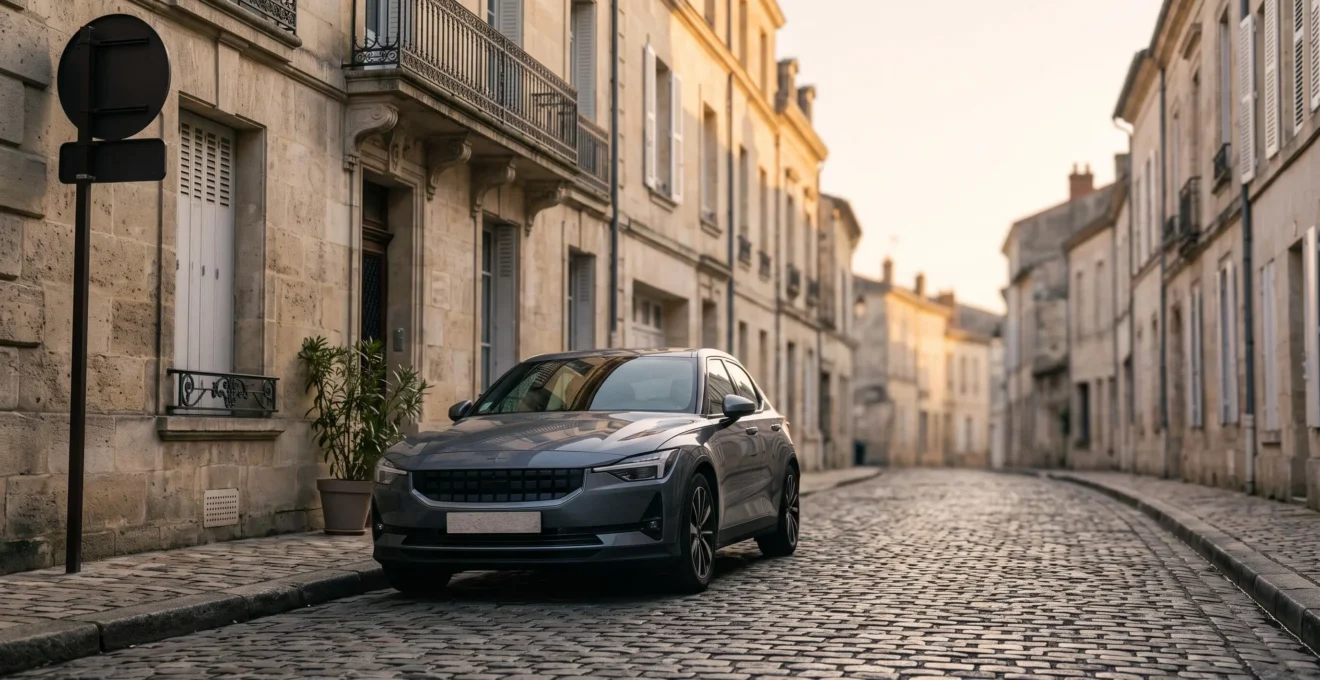Voiture moderne garée dans une rue française typique, symbolisant la conformité aux normes de sécurité et de circulation en vigueur.