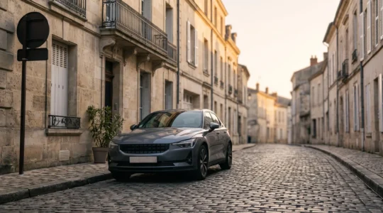Voiture moderne garée dans une rue française typique, symbolisant la conformité aux normes de sécurité et de circulation en vigueur.