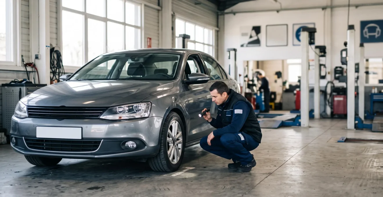 Voiture garée dans un centre de contrôle technique, prête à être inspectée avant son rendez-vous