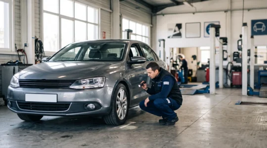 Voiture garée dans un centre de contrôle technique, prête à être inspectée avant son rendez-vous