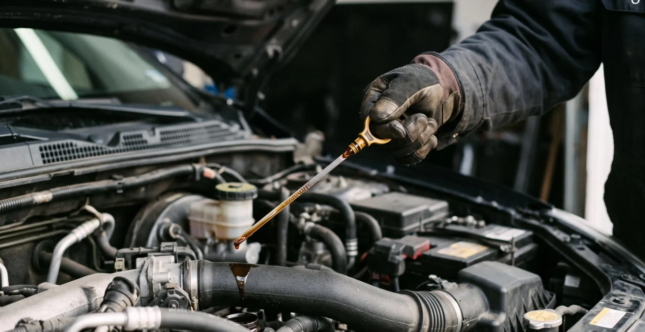 Main d'un automobiliste retirant la jauge d'huile moteur sous le capot pour vérifier le niveau avant un long trajet