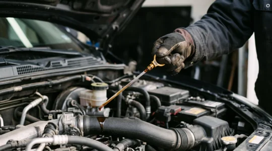 Main d'un automobiliste retirant la jauge d'huile moteur sous le capot pour vérifier le niveau avant un long trajet