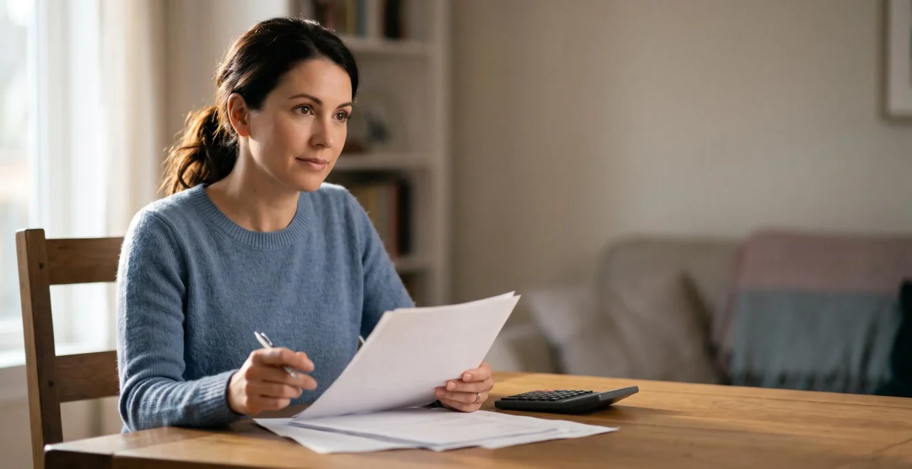 Une personne assise à une table calme, analysant sereinement ses finances personnelles avant de solliciter une banque pour un crédit auto