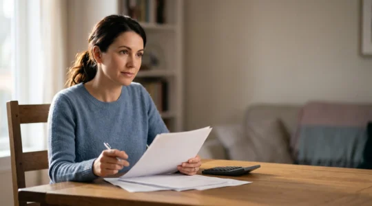 Une personne assise à une table calme, analysant sereinement ses finances personnelles avant de solliciter une banque pour un crédit auto