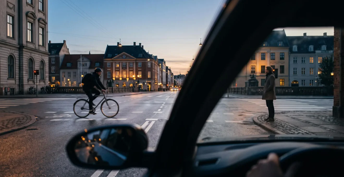 Vue large d'une rue urbaine où un conducteur anticipe la présence d'un cycliste et d'un piéton au crépuscule